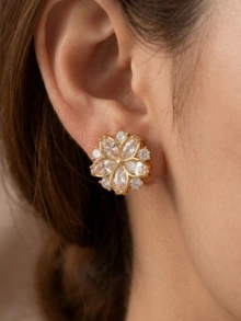 CHICAT 1 Pair Elegant Fashion Flower Stud Earrings, 6-Petal Rhinestone Jewelry, Marquise Cut Crystal Flower Earrings, Bridal Wedding Sparkling Earrings, Gold Delicate Elegant Women's Accessories - Gold - View 3