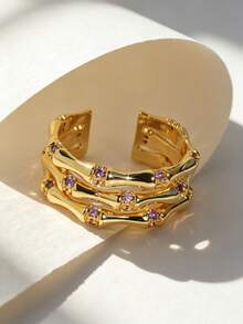 Charm-In 18K Gold Plated Brass Bamboo Open Ring, Multi Layer Purple CZ Adjustable Stackable Finger Ring For Women Daily Jewelry - Gold/Purple Stone - View 4
