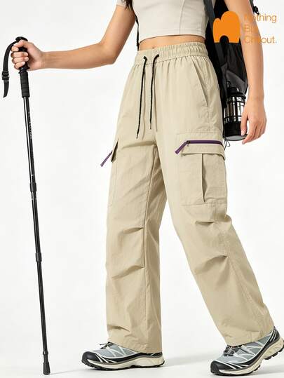 NBCT Women's Outdoor Workwear Wide Leg Pants, Elastic Drawstring Waist, Side Multiple Zippers & Large Pockets, Versatile Casual Straight Leg Long Pants For Camping And Hiking