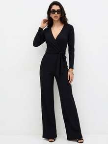Women's Chic Long-Sleeved Striped Jumpsuit With Wide-Leg Pants, Ribbed And Elastane, Slim Fit, V-Neck, Casual And Elegant Winter Fashion - 黑炭 - 查看 1
