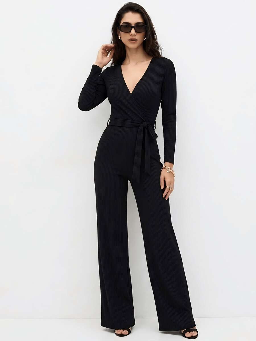 Women's Chic Long-Sleeved Striped Jumpsuit With Wide-Leg Pants, Ribbed And Elastane, Slim Fit, V-Neck, Casual And Elegant Winter Fashion - 黑炭 - 查看 1