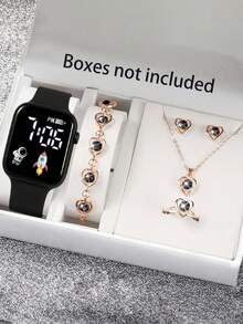 6pcs/Pink Heart-Shaped Full Jewelry Set + Astronaut/Rocket Digital Display Electronic Watch Complete Set, Sweet And Energetic, Versatile For Students And Daily Commute, One Set To Complete Your Outfit Accessories. Suitable For Parties, Dates, Outings And Various Holidays - Multicolor - View 14