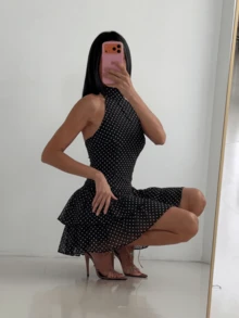Elegant Women's Sleeveless Backless Polka Dot Mini Dress - Black - View 5