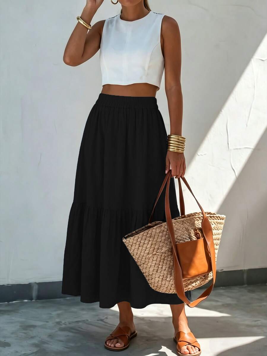 Women's Casual A-Line Long Skirt, Ruched Polyester, Non-Stretch, Summer Black - Black - View 1