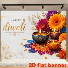 2D Flat Light Festival Theme Party Banner Background With "Happy Diwali" Theme, Featuring Traditional Oil Lamps, Colorful Flowers, Mandala Patterns And Golden Decorative Elements, Made Of Durable Polyester Material, No Power Required - 1 - View 4