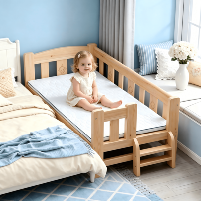 Cama de Madera para Bebé Niños con Barandillas con Colchón Transpirable y Escalera Integrada