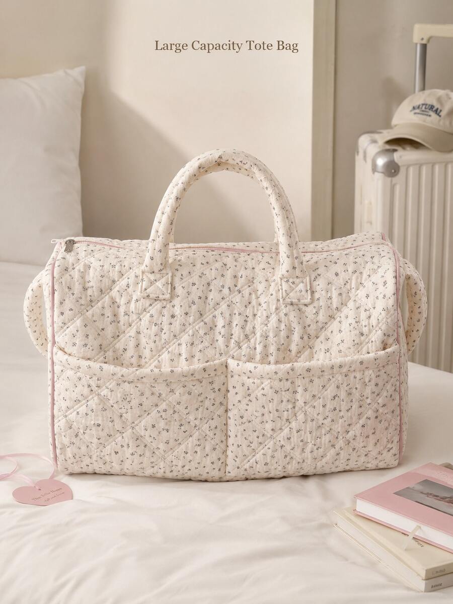 Floral Pattern Quilted Fashion Large-Capacity Short Trip Tote Bag, Sports Bag, Yoga Bag, Back-To-School Supplies, Travel Essential, College Dorm Must-Have, Holiday Essential, Classroom,Back To School - View 1