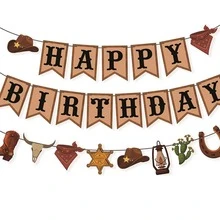 1 Set Western Style Happy Birthday Banner Brown Cowboy Floral Wreath Sign, Suitable For Cowgirl Rodeo Theme Birthday Party Decoration, Wild West Country Party Decor - View 1