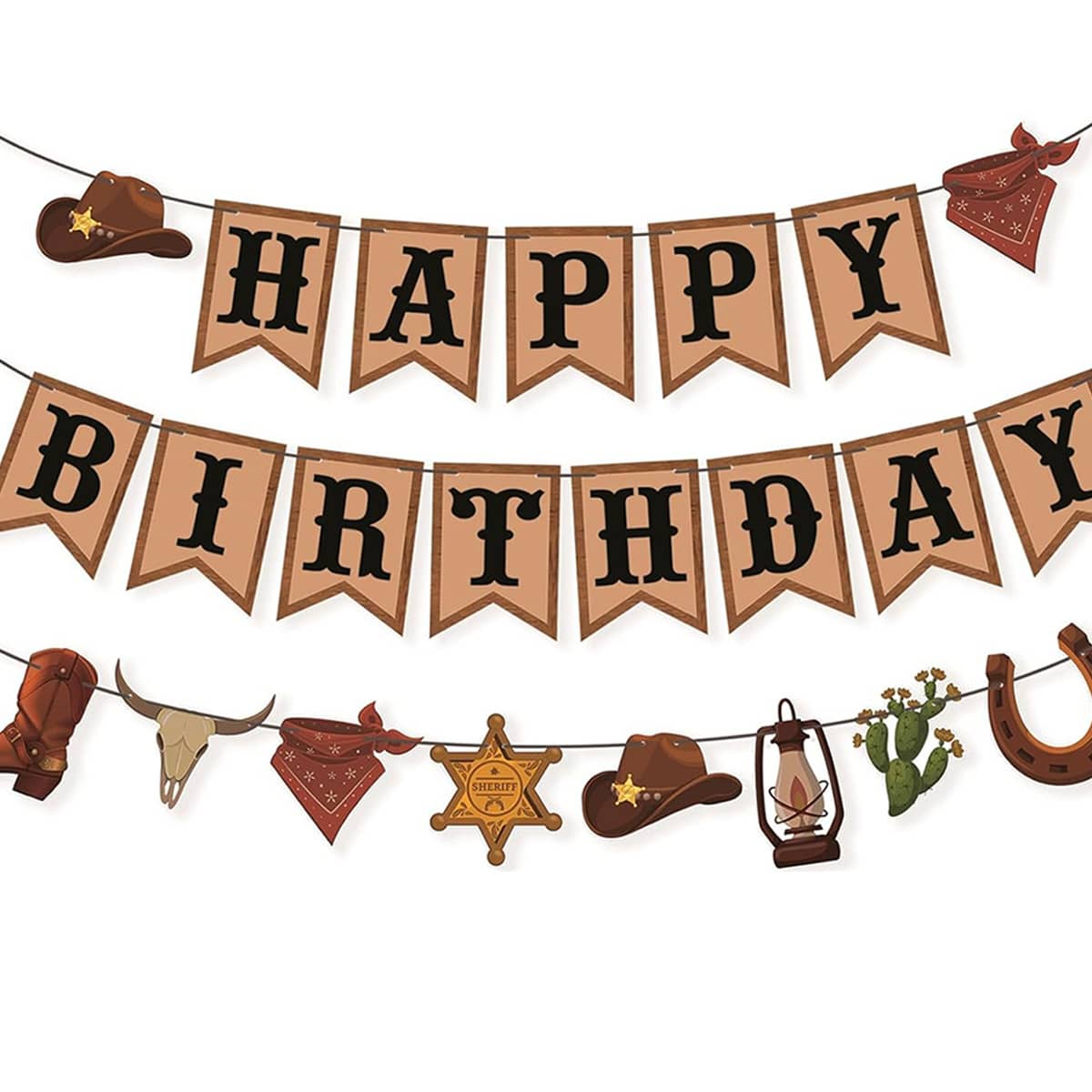 1 Set Western Style Happy Birthday Banner Brown Cowboy Floral Wreath Sign, Suitable For Cowgirl Rodeo Theme Birthday Party Decoration, Wild West Country Party Decor - View 1