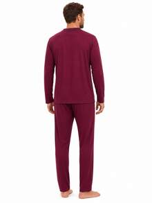 Men's Open Button Pajamas With Long Sleeves And Long Pants For Winter Post-Surgical Use In Knit Fabric - Burgundy - View 2