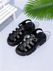 Women's Gladiator Multi-Strap Chunky Heel Platform Sandals, Open Toe Ankle Strap Summer Black PU Leather Sandals - Black - View 2