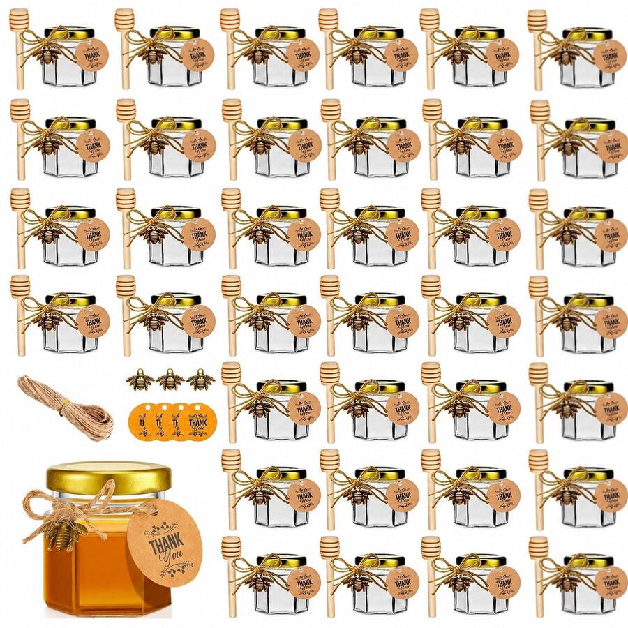 1.5oz Mini Glass Hexagon Canning Jars With Gold Lid, Bee Charms Honeybee Pendant, Honey Dipper Sticks, Jute Tag String, Thank You Gift Tags, Baby Shower Party Wedding Favors - 透明 - 查看 1