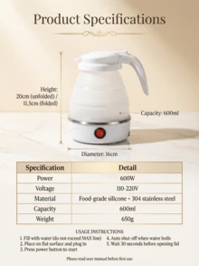 dilidili Portable Foldable Electric Kettle - 600W Power, 0.6L Capacity, Made Of 304 Stainless Steel + Silicone, Automatic Shut-Off Protection, Compact And Lightweight, Suitable For Travel, Home Or Office Use - White - View 4