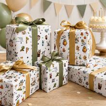 Fantasy Pastoral Cartoon Style 2-Pack Mixed Square Coated Paper Bird & Jungle Animal Print, With House, Paw Print And Positive Text Details, Decorative Gift Wrapping Paper Roll Set, Suitable For Birthday Celebration, All Holidays And Year-Round Gift Box & Bouquet Wrapping - Animal Patterns - View 3