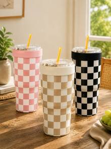 1pc 32oz Stainless Steel Vacuum Insulated Cup, Pink Bow Design, Double Wall Beverage Cooling Cup With Lid And Straw, Leak-Proof Travel Mug, Keeps Hot And Cold, Suitable For Beach, Car, Office, Picnic And Daily Gift - Multicolor - View 3