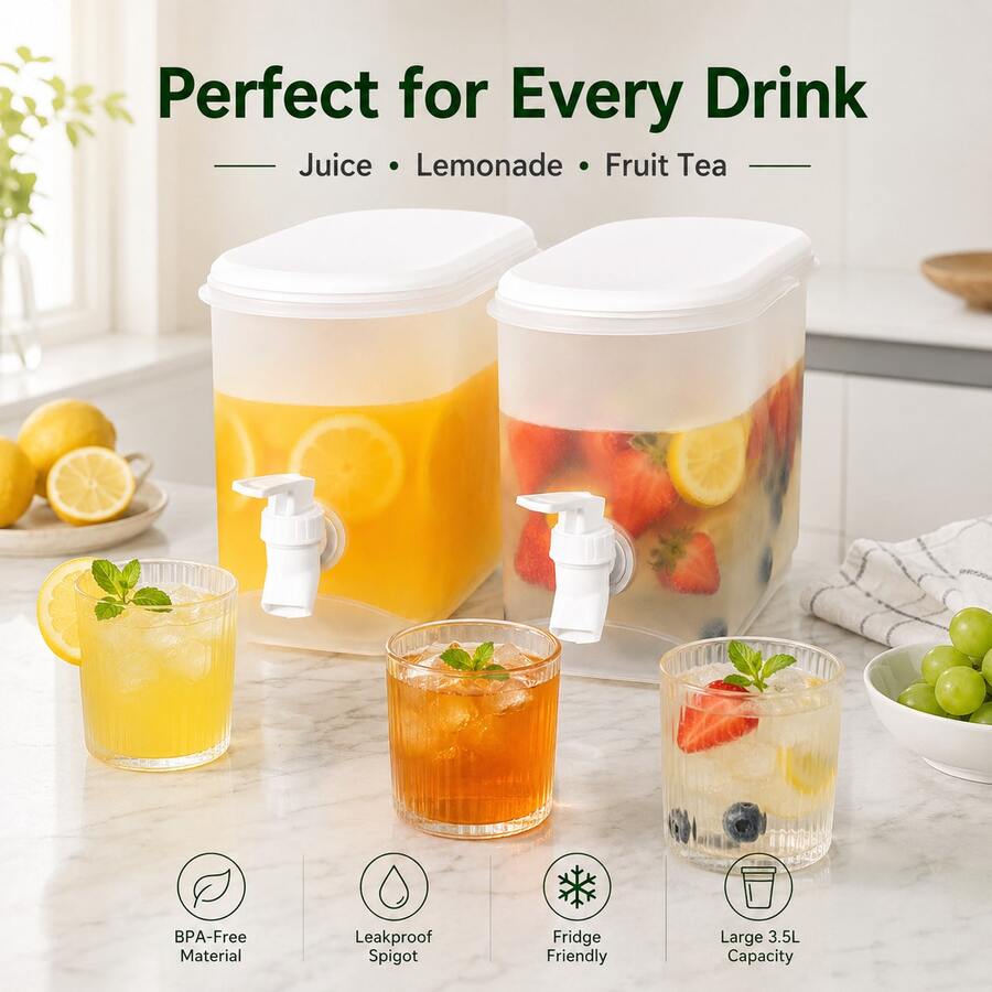 3.5L Plastic Beverage Dispenser With Faucet, Refrigerator Drink Dispenser, Wide Mouth Lid Narrow Body Container, Fruit Tea Pot Lemonade Beverage Container, Suitable For Refrigerator And Party - White - View 1