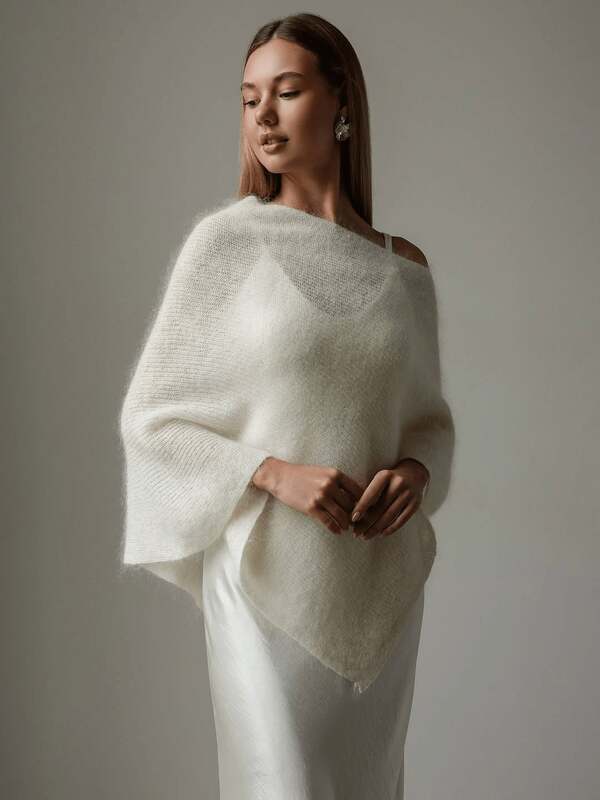 Vuslat Women's Autumn Cream White Semi-Sheer Asymmetrical Knit Shawl, Loose Batwing Sleeve Cape Silhouette, Lightweight Translucent Hazy Hollow