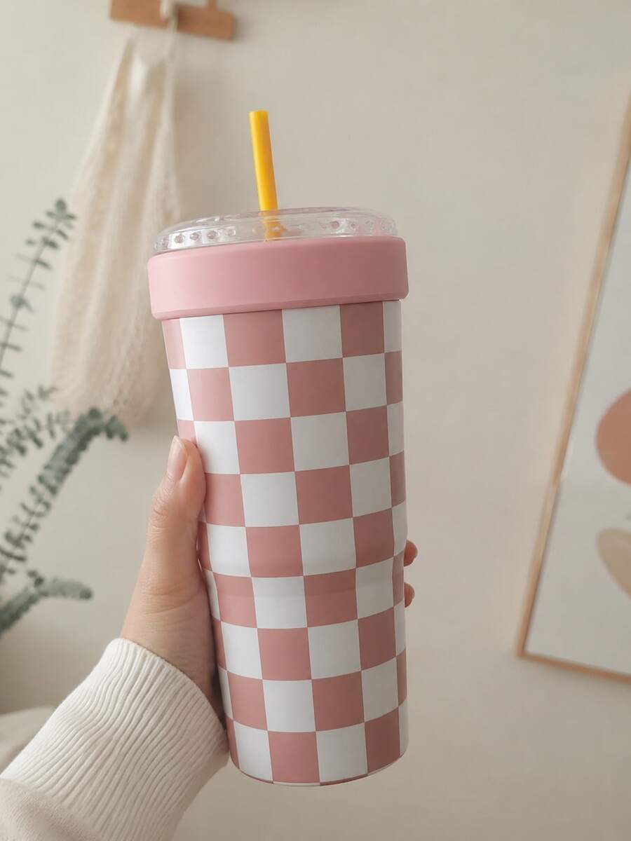 1pc 32oz Stainless Steel Vacuum Insulated Cup, Pink Bow Design, Double Wall Beverage Cooling Cup With Lid And Straw, Leak-Proof Travel Mug, Keeps Hot And Cold, Suitable For Beach, Car, Office, Picnic And Daily Gift - Multicolor - View 1