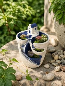 Santorini Village 分層花架 樹脂多格多肉植物盆栽 地中海迷你小鎮階梯式植栽盆 適用於室內窗台、陽台、花園、居家裝飾 - 海景房子花盆 - 查看 6