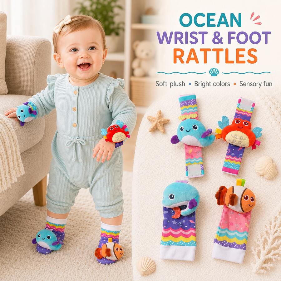 Baby Rattle Socks, Colorful Decorative Bracelet Wrist Rattle Shaking Toys, Easter Gift - Ocean Toy Socks 4-piece Set - View 1