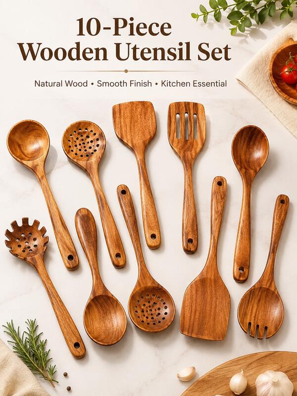 YOUFUNIQUE 10pcs Natural Wooden Cooking Utensil Set, Long Handle Wooden Spoons & Spatula For Stirring, Mixing, Serving, Frying, Nonstick Cookware