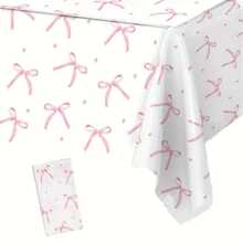 1-2pcs Disposable Plastic Tablecloth, Pink Bow Print PE Thickened Laminated Material, Waterproof, Oil-Resistant, Dirt-Resistant, Easy To Wipe, Dust-Proof Desktop Protection, Minimalist Luxury Atmosphere Decoration, Suitable For Banquet, Party, Wedding, Birthday, Holiday Party And Other Adult Gatherings Tabletop Arrangement - A - View 2