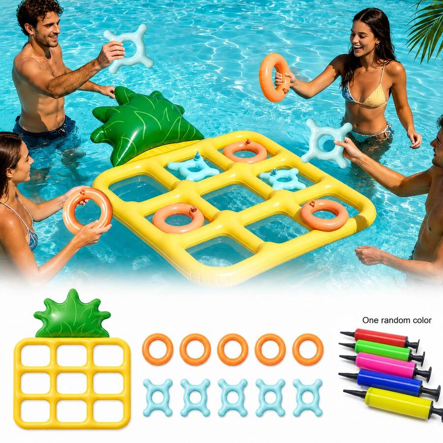 Pool Game Set Reusable Giant Inflatable Floating Pineapple Tic Tac Toe And Toss Game Durable Portable Easy To Operate Suitable For Beach Camping Garden Summer Holiday Outdoor Water Fun Swimming Backyard Activities Carnival Party Adults Family 2-10 Players