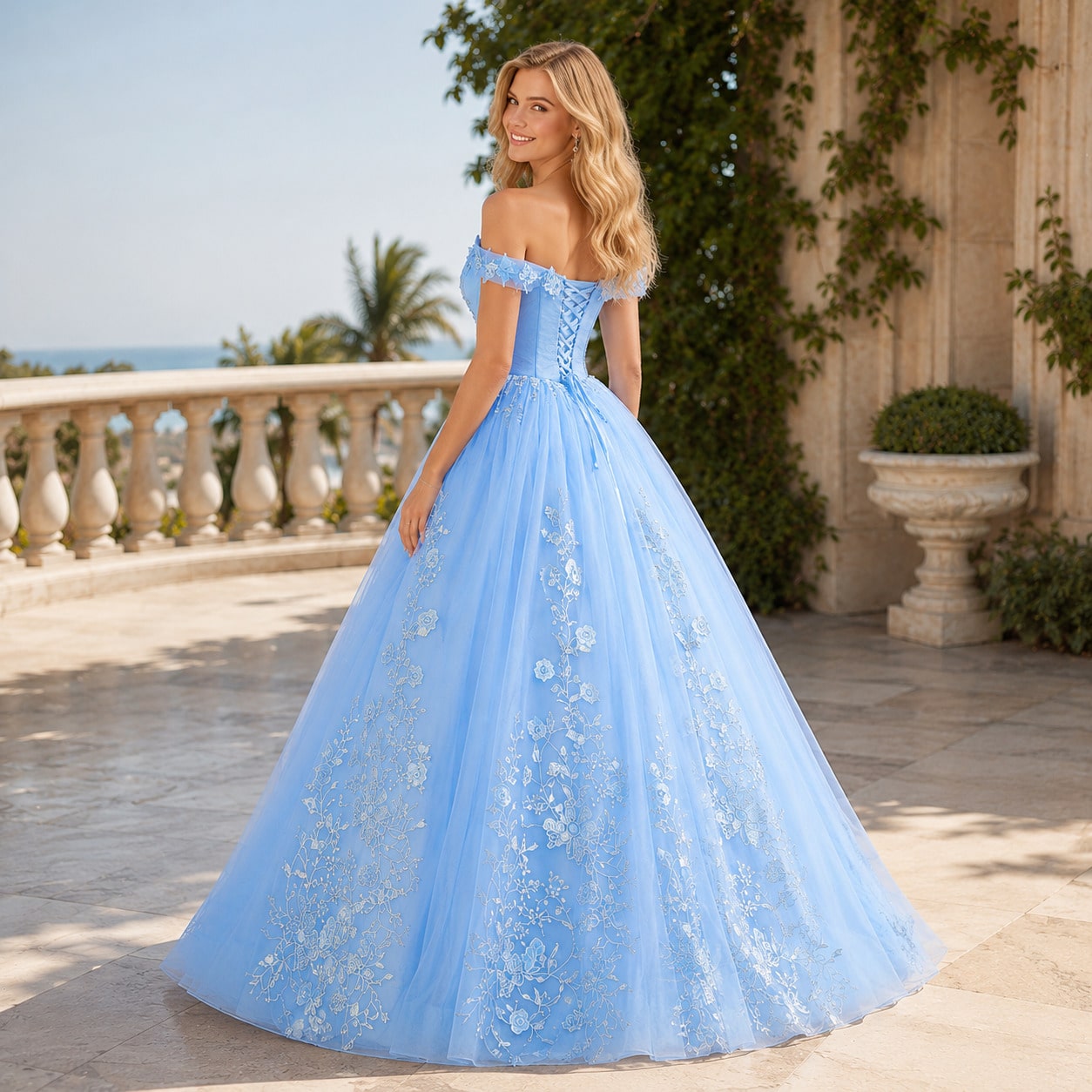 Women's Cocktail Dress, Light Blue Off-Shoulder Embroidered Ball Gown With Puffy Long Princess Skirt For Wedding, Banquet & Prom - image - 2