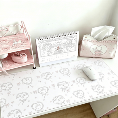 Leather Desk Pad Protector Japanese Anime Y2K Pink Girl Love Kissing Bunny Bow Flower Mouse Pad Office Desk Mat Waterproof Non-Slip Gaming PU Desk Blotter Gaming Esports User