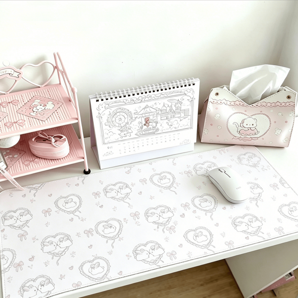 Leather Desk Pad Protector Japanese Anime Y2K Pink Girl Love Kissing Bunny Bow Flower Mouse Pad Office Desk Mat Waterproof Non-Slip Gaming PU Desk Blotter Gaming Esports User