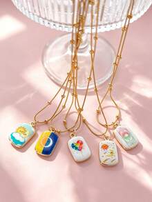 1pc Stainless Steel Chain Star Pendant Necklace, Sun Moon Star Oil Drop Exquisite Pendant Necklace, Flower Pattern Charm, Women's Fashion Jewelry, Vacation Accessory - Multicolor - View 3