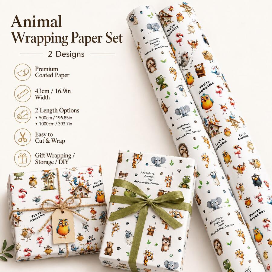 Fantasy Pastoral Cartoon Style 2-Pack Mixed Square Coated Paper Bird & Jungle Animal Print, With House, Paw Print And Positive Text Details, Decorative Gift Wrapping Paper Roll Set, Suitable For Birthday Celebration, All Holidays And Year-Round Gift Box & Bouquet Wrapping - Animal Patterns - View 1
