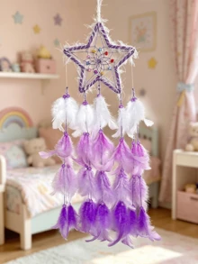 1pc Dreamy Feather Dream Catcher Wall Hanging Decor For Children's Room, Bedroom, Girly Style, Popular Ins Style Chime Wall Ornament - Multicolor - View 6