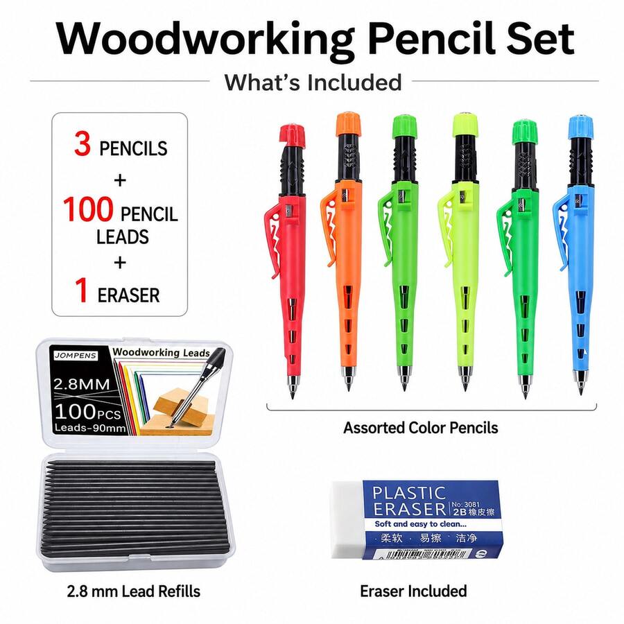 High-Quality 2.8mm Mechanical Woodworking Pencils Set, New Woodworking Marker Pens, 55 Mm Deep Hole Design, Built-In Sharpener And Protective Cover, Non-Breakable Lead Core, Suitable For Woodworking/ Professional Architects As Marking/Drawing Tools