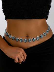 1 pieza Cadena de cintura de metal plateado estilo bohemio con colgante floral e incrustación de piedra, adecuada para atuendos diarios, de vacaciones y de fiesta de mujeres - Plateado - Ver 7