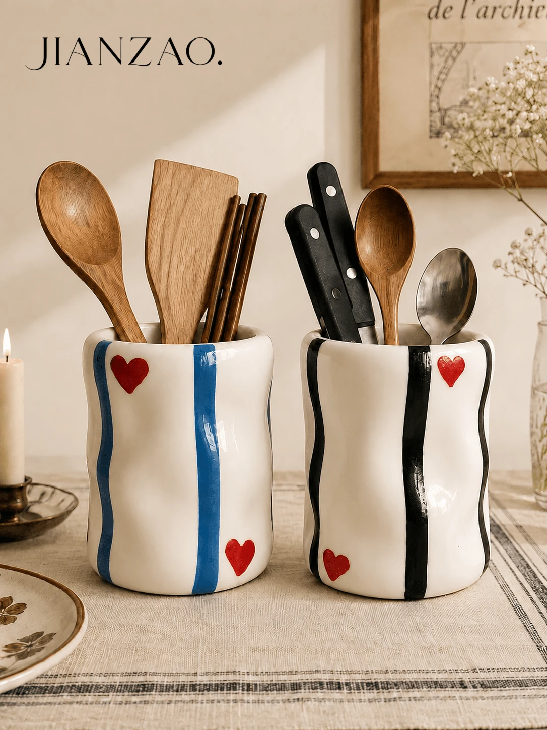 1pc Vintage Ins Style Heart Striped Wavy Resin Utensil Holder, Cute Farmhouse Kitchen Countertop Cutlery Organizer - Multicolor - View 1