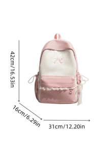 1pc Girls Colorblock Bow Nylon Zipper Closure Sweet Backpack Student School Bag Suitable For All Seasons Daily Use Without Pendant - A - View 4