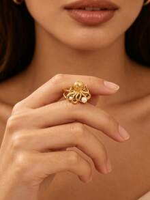 1PC Vintage Faux Pearl Octopus Rings For Women Gold Color Stainless Steel Octopus Opening Ring Beach Vacation Party Jewelry Gift - Multicolor - View 4