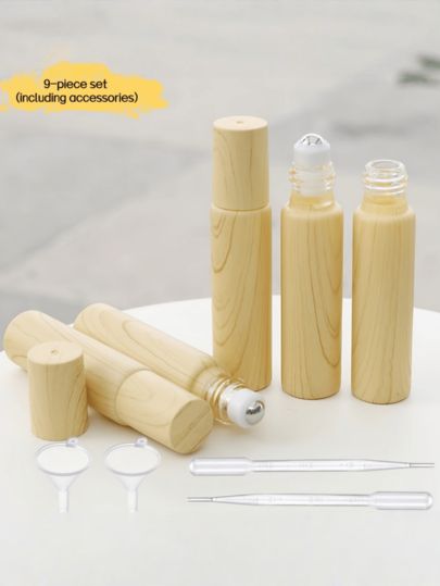 9-teiliges Set (inklusive Zubehör), 5 x 10ml ätherische Öl Roll-on-Flaschen, einzigartiges Kunstholzmaserungs-Design, 2 Pipetten, 2 Trichter, nachfüllbare tragbare ätherische Öl Flaschen, mit Stahlkugeln, Dosierflaschen, nachfüllbares Kosmetikbehälter-Set, Pipettenflasche, Flasche mit Pipette