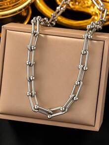 OBOVAY Fashion Casual Round Bead Decor Gold Geometric Chain Necklace, Suitable For Women's Daily Layering Wear - Multicolor - View 5