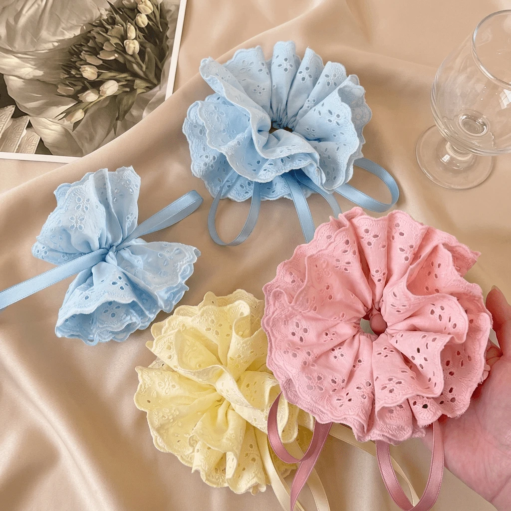 1 peça Scrunchie de cabelo com renda, elástico de cabelo de cor lisa com cordão, confortável e de alta elasticidade, adequado para vários penteados, escola, acessórios de cabelo femininos, acessórios de beleza, outono, viagem, acessórios, elástico de cabelo feminino - Ver 1