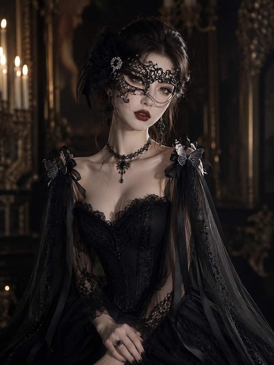 1pc Halloween Gothic Style Women's Peacock Feather Rhinestone Lace Mask, Suitable For Masquerade Ball And Cosplay - Black - View 1