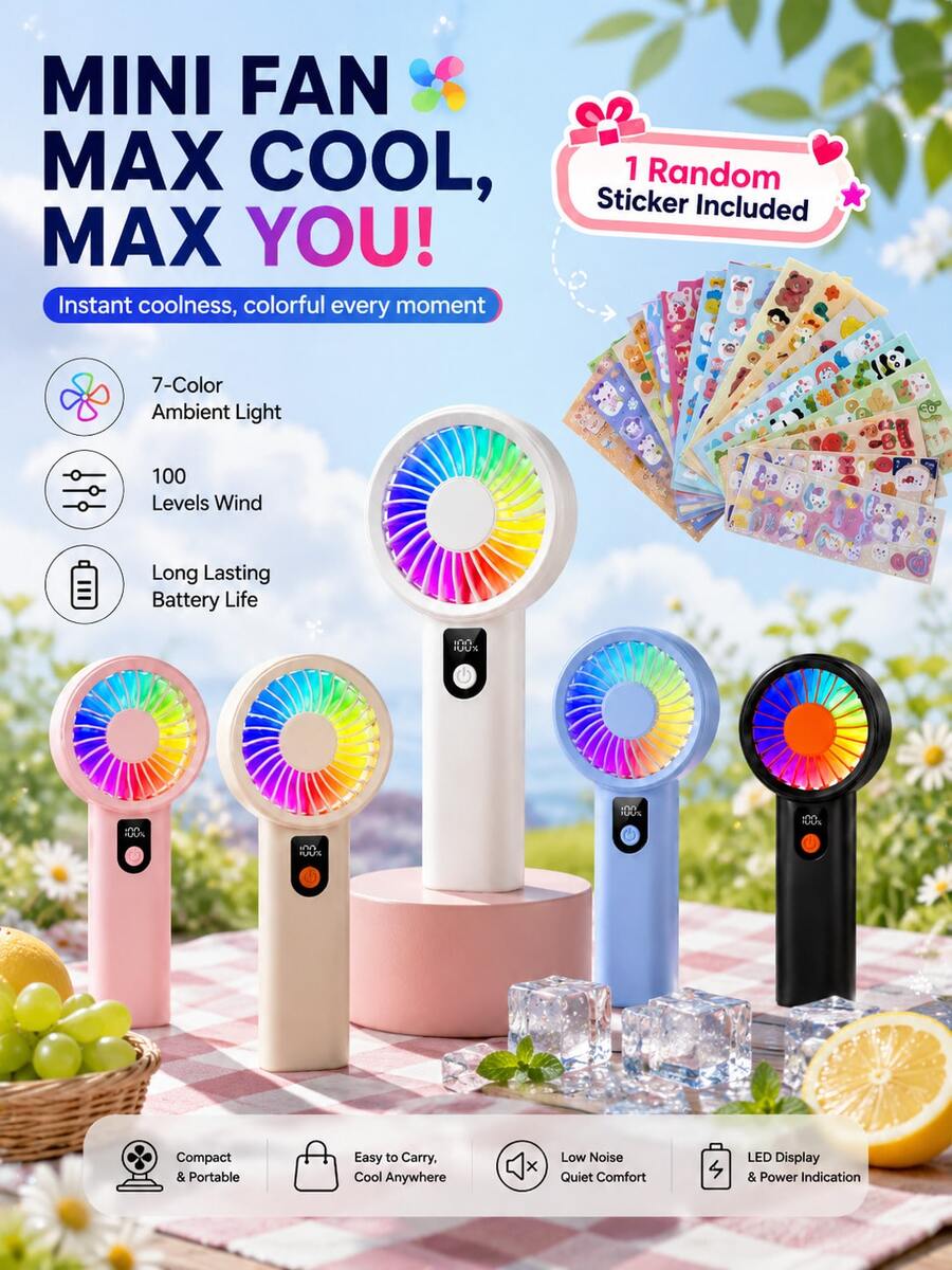 1PC Portable Handheld Fans, 40000R/S, Send Random Stickers,100 Speed Intelligent Digital Display, Suitable For Outdoor, Travel, Camping, Sports, Office, Study, Daily, Seaside, Household Use, Essential For Summer, Cooling Tool, Summer Gift - Handheld Fan - View 1