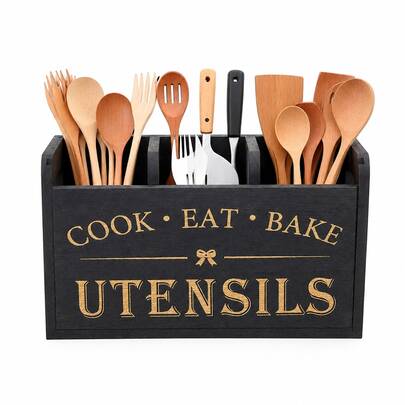 Rustic Style Wooden Kitchen Utensil Organizer, 3 Compartment Storage Box, Countertop Wooden Storage Box, Farmhouse Kitchen Organization And Storage, Kitchen Accessories,Utensil Holder For Kitchen Decor