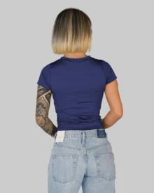 Women's Summer Cropped T-Shirt With Short Sleeves And Round Neck, Slim Fit, Solid Color, Aitona - 藏蓝色 - 查看 2