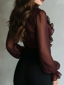 Autumn French Sweet Chiffon Slightly Sheer Ruffle V-Neck Tie-Front Draped Blouse Winter - Burgundy - View 2