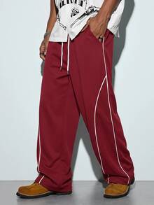 Modcrash Celana Jogger Pria Bergaris Lebar, Celana Jogger Kasual Longgar dengan Tali Serut di Pinggang, Celana Olahraga Panjang untuk Pemakaian Sehari-hari, Lari, Musim Semi, dan Gugur - Burgundy - View 1