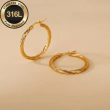 High-End Stainless Steel Plum Blossom Twisted Round Hoop Earrings, Hypoallergenic, Fade-Resistant, Skin-Friendly, Suitable For Daily Wear And Occasions - Golden - View 6