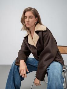 HZXVIC Women's Winter New American Retro Lambhair Inner Loose Shoulder Collar Motorcycle PU Jacket Coat - Brown - View 6