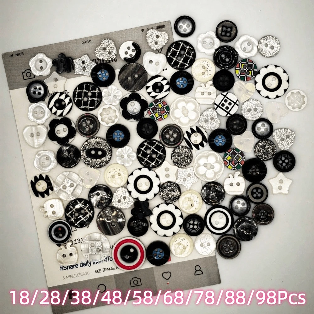 18/28/38/48/58/68/78/88/98Pcs Random Style Black & White Button Series Small Buttons/Pearly Buttons, Exquisite Button Accessories For Scrapbook, Plastic DIY Handmade Buttons, Flower Shape, Suitable For Scrapbooking, Clothing Decoration, DIY Decorative Clothing, Hats, Shirts, Craft Buttons - Multicolor - View 1